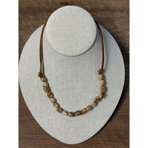 Athens Protasis Jasper Gemstone Tan Brown Leather Cord Necklace 16" Preowned
